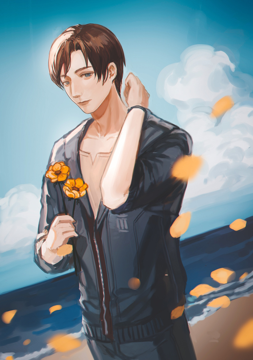 1boy absurdres beach black_jacket blue_eyes brown_hair day flower hand_up highres holding holding_flower jacket male_focus outdoors petals photoshop_(medium) senryoko standing toraware_no_palm wristband