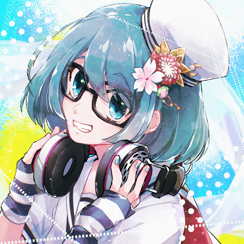 aqua_hair benten_(housamo) blue_eyes blue_nails cherry_blossoms eyes_visible_through_hair female glasses gloves hagoromo hair_ornament hands_on_headphones hat headphones headphones_around_neck highres holding jinnai10 medium_hair multicolored_background nail_polish sailor_collar shawl shirt smile solo tokyo_afterschool_summoners