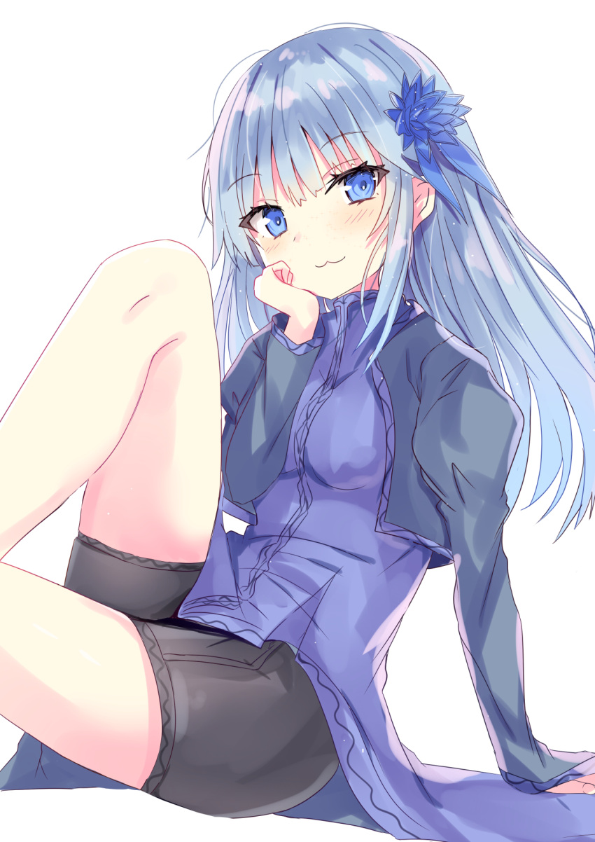 :3 arm_support black_jacket black_shorts blue_eyes blue_flower blue_hair blue_shirt blush closed_mouth commentary_request feet_out_of_frame female flower hair_flower hair_ornament hand_up highres hizaka isekai_ojisan jacket juliet_sleeves knee_up long_hair long_sleeves looking_at_viewer mabel_raybert open_clothes open_jacket puffy_sleeves shirt short_shorts shorts simple_background sitting sleeves_past_wrists solo white_background