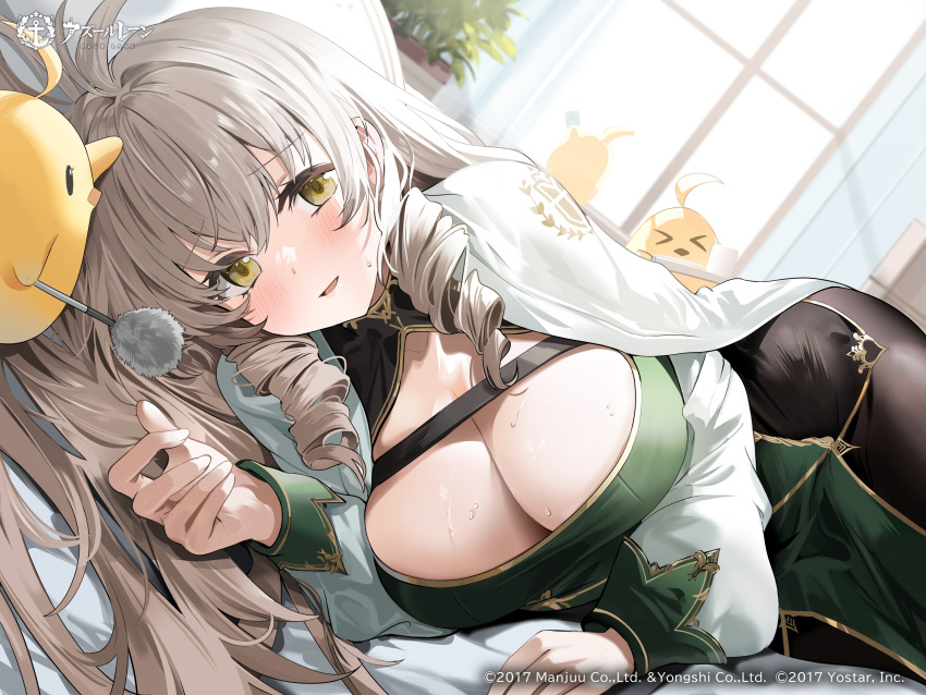 >_< absurdres andrea_doria_(azur_lane) azur_lane bed bed_sheet blush breasts brown_eyes brown_hair cleaning cleaning_windows cleavage cloak copyright_name dress drill_hair emblem female furrowed_brow green_dress hair_between_eyes hair_spread_out headpat highres large_breasts logo long_hair looking_at_viewer lying manjuu_(azur_lane) mimikaki official_art on_side open_mouth pantyhose sardegna_empire_(emblem) second-party_source sweatdrop very_long_hair window yuki_(asayuki101)