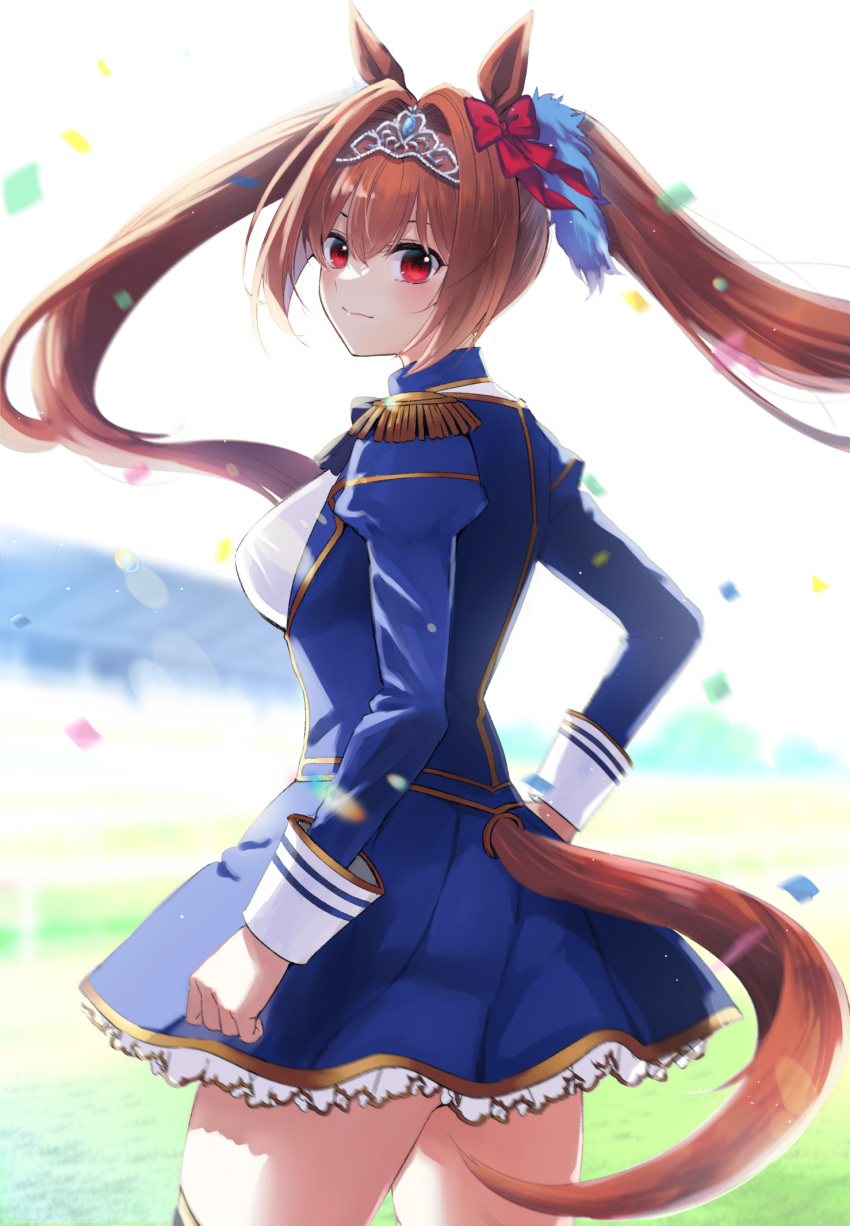 animal_ears blue_jacket blue_skirt blurry blurry_background blush bow breasts brown_hair closed_mouth commentary_request confetti daiwa_scarlet_(umamusume) day depth_of_field epaulettes eyebrows_hidden_by_hair female hair_between_eyes hair_intakes hairbow highres horse_ears horse_girl horse_tail jacket juliet_sleeves large_breasts long_hair long_sleeves natsupa outdoors pleated_skirt puffy_sleeves red_bow red_eyes shirt skirt solo tail tiara twintails umamusume very_long_hair white_shirt