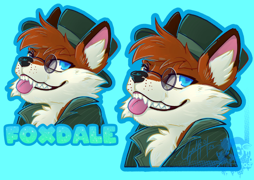 absurd_res anthro badge blue_background canid canine cawbaret chest_tuft clothed clothing eyewear fox foxdale glasses hat headgear headwear hi_res male mammal round_glasses simple_background solo tuft vulpse watermark wearing_glasses