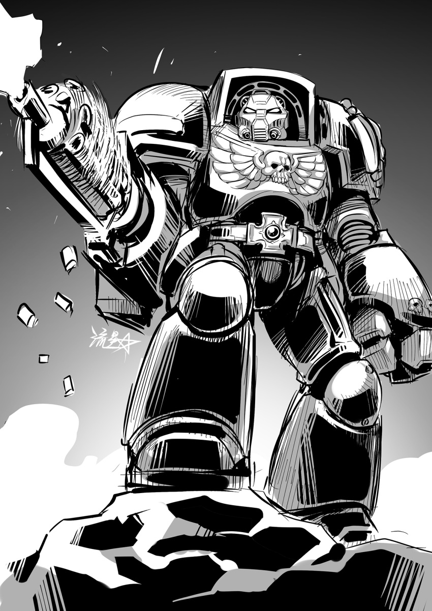 1boy adeptus_astartes arm_cannon armor firing full_armor grey_background greyscale gun highres machine_gun male_focus monochrome oversized_forearms oversized_limbs power_armor ryuusei_(mark_ii) signature solo standing terminator_armor warhammer_40k weapon