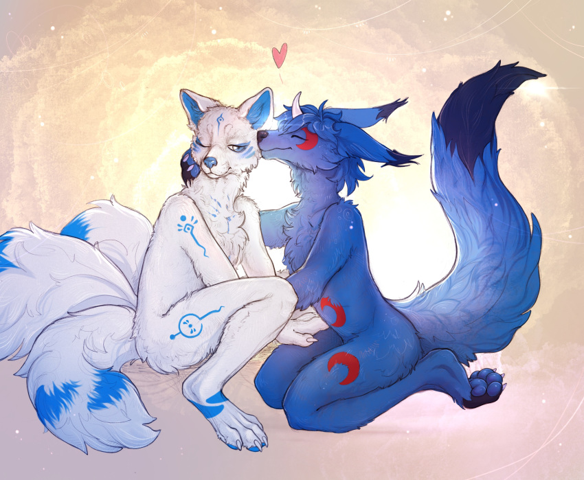 3_tails anthro canid canine digitigrade duo etis fennec_fox fox heart_symbol hi_res kissing kitsunal_(character) male male/male mammal multi_tail one_eye_closed pawpads rinyabjorn shy smile tail true_fox