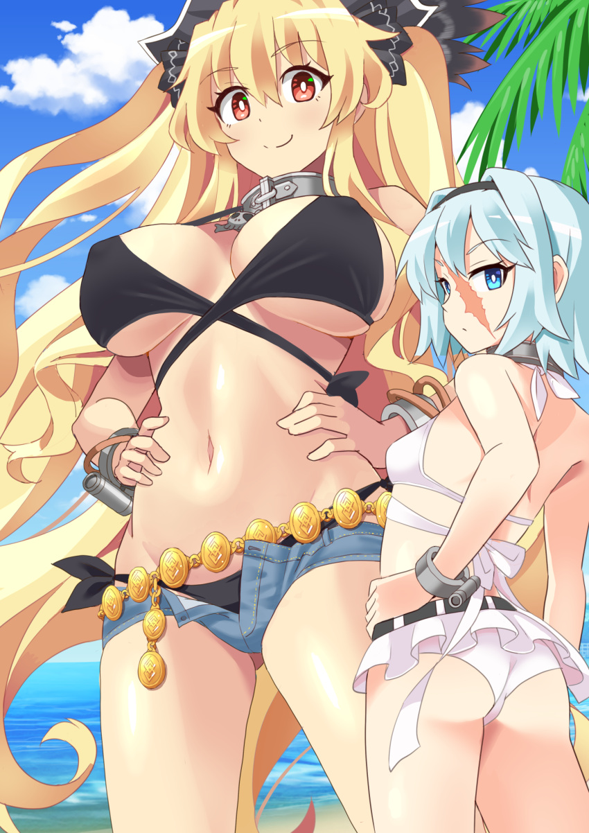 2girls anne_bonny_(fate) anne_bonny_(swimsuit_archer)_(fate) anne_bonny_(swimsuit_archer)_(first_ascension)_(fate) ass back bare_shoulders beach belly_chain belt bikini black_bikini black_hairband black_headwear blonde_hair blue_eyes blue_shorts blue_sky blush breasts cleavage collar cuffs denim denim_shorts fate/grand_order fate_(series) hairband hat highres jewelry large_breasts long_hair looking_at_viewer mary_read_(fate) mary_read_(swimsuit_archer)_(fate) mary_read_(swimsuit_archer)_(first_ascension)_(fate) metal_collar microskirt multiple_girls navel open_fly outdoors pirate_hat red_eyes scar scar_on_face shimouki_izui shore short_hair short_shorts shorts sidelocks skirt sky small_breasts smile swimsuit thighs two_side_up white_bikini white_hair