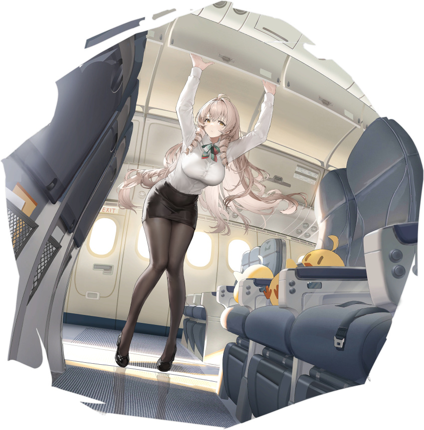 absurdres ahoge aircraft airplane airplane_interior andrea_doria_(azur_lane) andrea_doria_(have_a_safe_flight)_(azur_lane) arms_up azur_lane black_footwear black_pantyhose black_skirt bow bowtie breasts brown_eyes brown_hair collared_shirt drill_hair english_text female flight_attendant floating_hair full_body green_bow green_bowtie hair_between_eyes haori_io high_heels highres indoors knees_together_feet_apart large_breasts leaning_forward long_hair long_sleeves looking_at_viewer manjuu_(azur_lane) miniskirt multicolored_bowtie non-web_source official_alternate_costume official_art pantyhose pencil_skirt reflection shirt shirt_tucked_in shoes skirt solo standing travel_attendant twin_drills very_long_hair white_shirt window