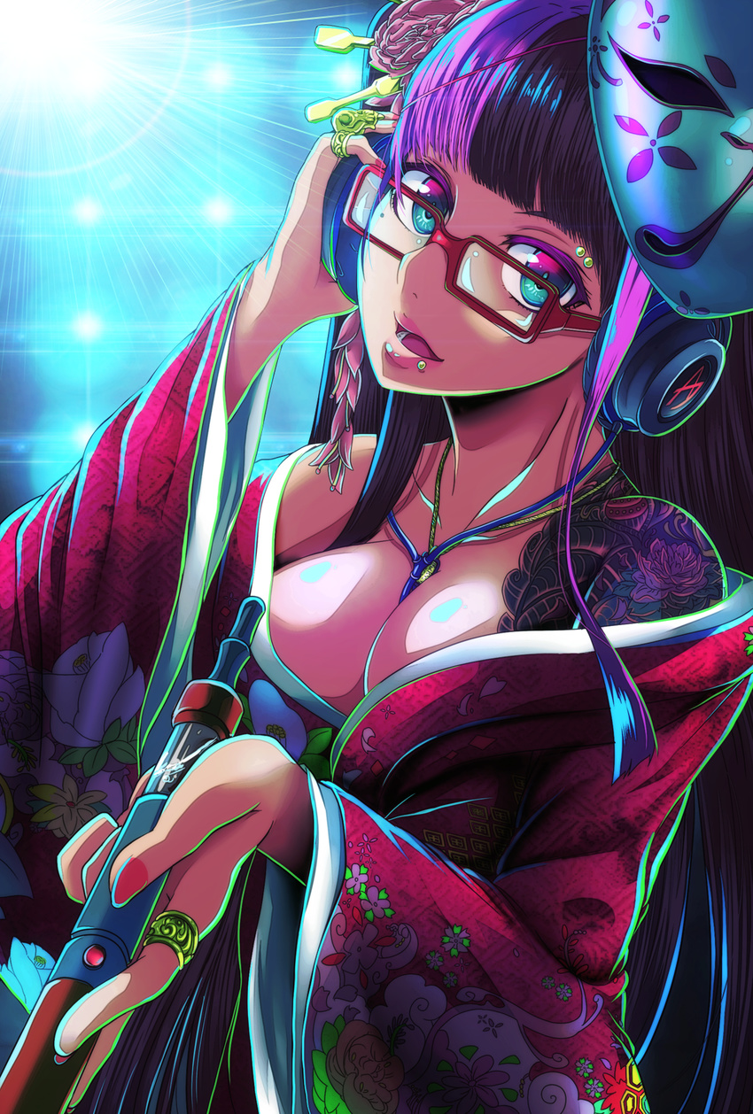 cleavage drpow headphones kimono megane no_bra open_shirt tattoo