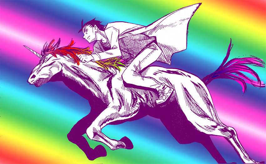 1boy artist_request black_hair crossover horseback_riding lab_coat male_focus okabe_rintarou riding robot robot_unicorn_attack short_hair steins;gate unicorn