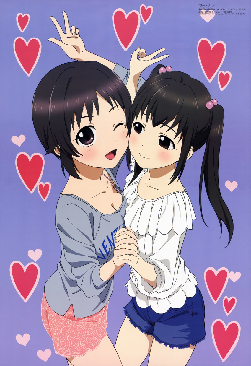 2girls ;d absurdres arm_up asymmetrical_docking black_hair blouse blue_background blush bra bra_strap breast_press breasts casual cheek-to-cheek cleavage clothes_writing cutoffs denim denim_shorts downblouse fingernails from_side hair_bobbles hair_ornament heads_together heart highres holding_hands interlocked_fingers lace light_smile long_fingernails long_hair long_sleeves looking_at_another looking_at_viewer maeda_kanon megami_magazine multiple_girls non-web_source official_art one_eye_closed open_mouth photokano purple_bra purple_eyes sakura_mai_(photokano) scan shirt short_hair short_shorts shorts side_slit sidelocks simple_background sleeves_pushed_up small_breasts smile spoken_heart standing suzuki_youko twintails underwear v yuri