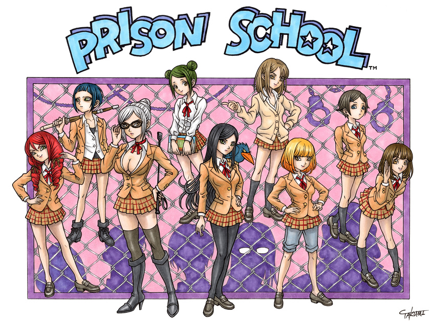 cleavage heels kurihara_mari megane midorikawa_hana no_bra open_shirt pantyhose prison_school seifuku shiraki_meiko sweater thighhighs toriyama_akira weapon