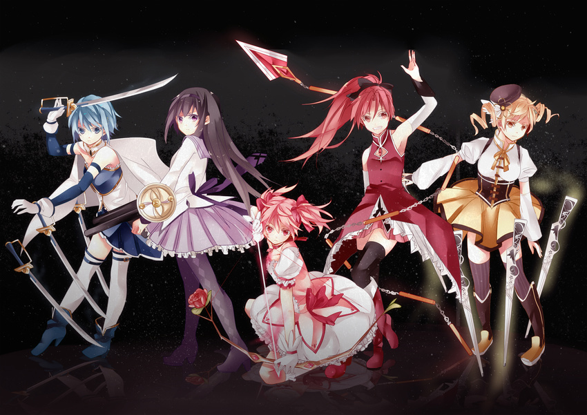 akemi_homura dress gun hatsuko heels kaname_madoka mahou_shoujo_madoka_magica miki_sayaka sakurami_kyouko sword thighhighs tomoe_mami weapon