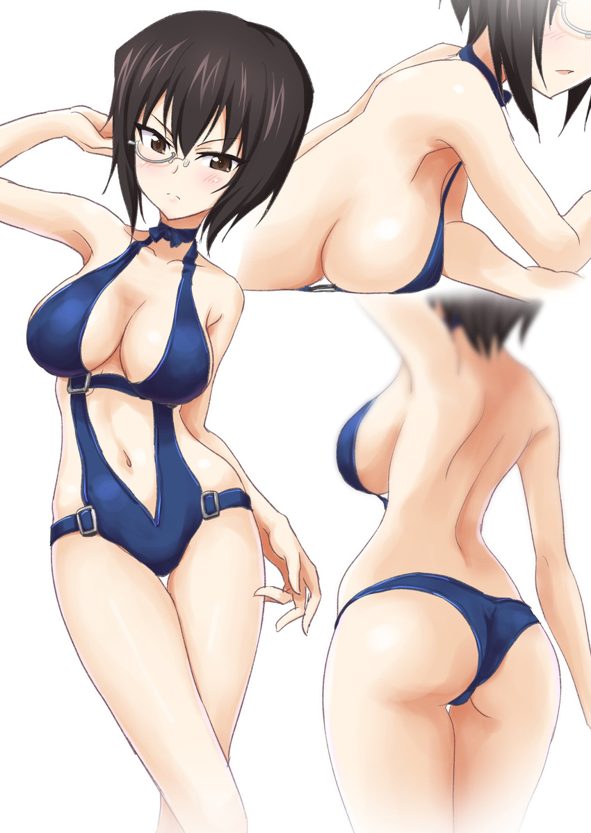 arm_up ass back bad_id bad_twitter_id bare_arms bare_legs bare_shoulders black_hair blue_one-piece_swimsuit breasts brown_eyes cleavage female from_behind gin'you_haru girls_und_panzer highres inactive_account kawashima_momo large_breasts looking_at_viewer lying monocle multiple_views navel on_stomach one-piece_swimsuit sideboob simple_background swimsuit thigh_gap white_background