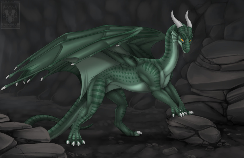 4_toes claws detailed_background digital_media_(artwork) dragon european_mythology feet feral green_body green_scales hondra horn looking_at_viewer male membrane_(anatomy) membranous_wings minerea mythological_creature mythological_scalie mythology orange_eyes scales scalie solo standing tail toes western_dragon wings