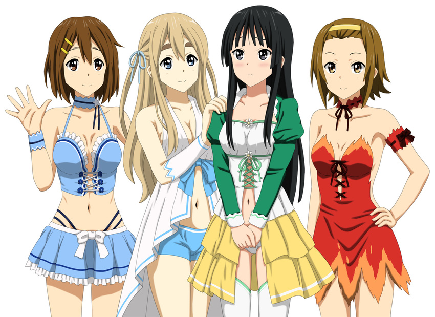 4girls akiyama_mio amagi_brilliant_park armband black_eyes black_hair blonde_hair blue_eyes brown_eyes brown_hair commentary_request company_connection cosplay cp9a hirasawa_yui k-on! koborii_(amaburi) koborii_(amaburi)_(cosplay) kotobuki_tsumugi kyoto_animation long_hair midriff multiple_girls muse_(amaburi) muse_(amaburi)_(cosplay) photoshop_(medium) salama_(amaburi) salama_(amaburi)_(cosplay) short_hair short_shorts shorts showgirl_skirt sylphy_(amaburi) sylphy_(amaburi)_(cosplay) tainaka_ritsu thighhighs waving