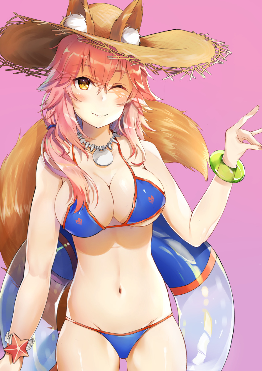 absurdres animal_ear_fluff animal_ears animal_hands atora bad_id bad_pixiv_id bikini blue_bikini breasts cleavage closed_mouth collarbone commentary_request ears_through_headwear fate/grand_order fate_(series) female fox_ears fox_girl fox_shadow_puppet fox_tail groin hat highres innertube large_breasts looking_at_viewer navel oerba_yun_fang one_eye_closed pink_background pink_hair side-tie_bikini_bottom simple_background solo straw_hat swim_ring swimsuit tail tamamo_(fate) tamamo_no_mae_(swimsuit_lancer)_(fate) yellow_eyes