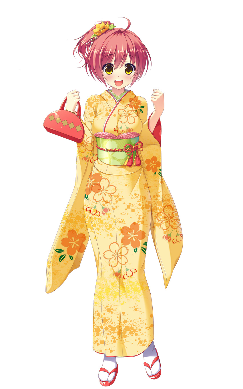 absurdres bad_id bad_link blush clenched_hands doumyouji_moemi female full_body high_ponytail highres holding japanese_clothes kimono long_sleeves looking_at_viewer obi official_art pink_hair pure_x_connect sandals sash solo tabi transparent_background yellow_eyes yellow_kimono