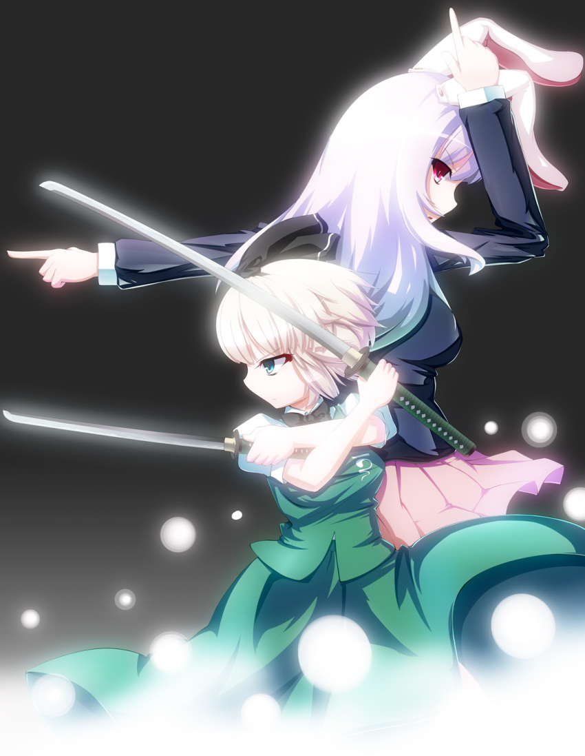 2girls animal_ears blue_eyes commentary_request dual_wielding finger_gun highres holding katana konpaku_youmu multiple_girls purple_hair rabbit_ears red_eyes reisen_udongein_inaba short_hair skirt sword tama_(speedgrapher) touhou weapon white_hair