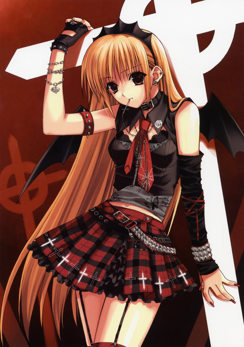 absurdres animal_print bat_wings black_gloves blonde_hair brown_eyes butterfly_print celtic_cross chains collar cross cross_necklace e_2 earrings female fingerless_gloves garter_straps gloves goth_fashion gothic_anime_angel_(suzuhira_hiro) heart highres jewelry large_cross long_hair miniskirt mouth_hold nail_polish necklace necktie original plaid plaid_skirt red_nails red_necktie ring safety_pin scan single_glove skirt solo spider_web_print suzuhira_hiro thighhighs wings