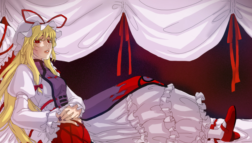 bad_id bad_pixiv_id blonde_hair female hat long_hair mary_janes nail_polish photoshop_(medium) purple_nails red_eyes saharan shoes solo touhou yakumo_yukari