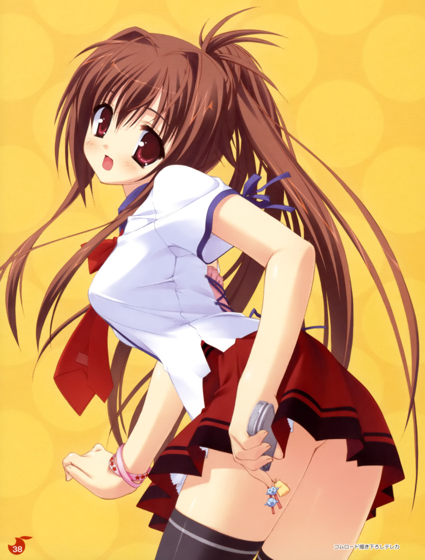 absurdres bra-ban! brown_hair cellphone cellphone_charm charm_(object) female highres kobuichi nakanoshima_tae necktie phone ponytail red_eyes school_uniform shirt solo tareme taut_clothes taut_shirt thighhighs wristband