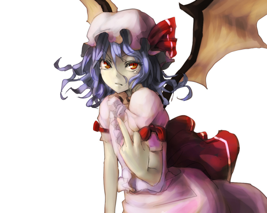 aituoku bad_id bad_pixiv_id bat_wings blue_hair commentary female hands hat middle_finger photoshop_(medium) red_eyes remilia_scarlet short_hair solo tears touhou wings