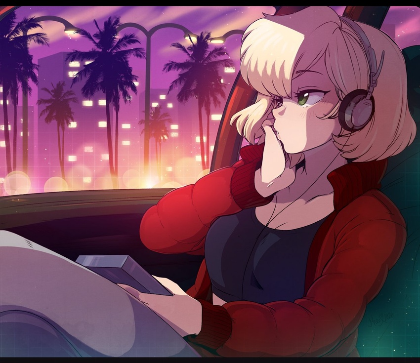 blonde_hair borrowed_character breasts building car_interior city commentary crop_top crossed_legs english_commentary female green_eyes hand_on_own_face headphones jacket long_sleeves looking_away merunyaa original palm_tree red_jacket sammy_(bestsammy) short_hair sitting small_breasts solo sunset tree