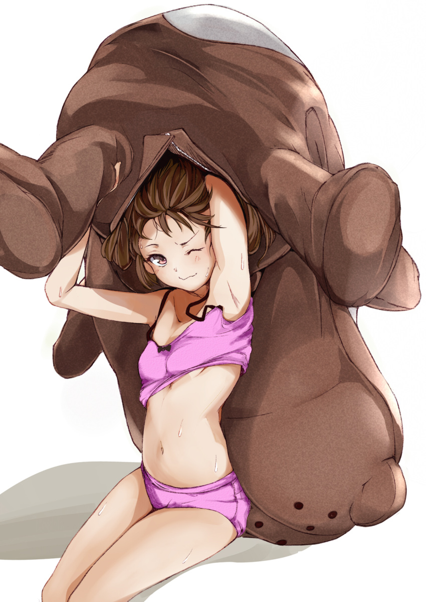 animal_costume bokukawauso breasts brown_eyes brown_hair camisole commentary_request cowboy_shot female highres kantai_collection looking_at_viewer mascot navel one_eye_closed otter_costume panties pink_camisole pink_panties rizzl ryuujou_(kancolle) simple_background small_breasts solo sweat underboob underwear undressing white_background