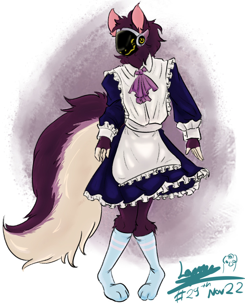 4:5 anthro black_clothing blue_clothing blue_knee_highs blush claws clothing dated excessive_fluff finger_claws fluffy fluffy_hair fluffy_tail fur hair hi_res knee_highs knee_tuft knock-kneed lappiedaien leg_tuft legwear machine maid_uniform male neck_tuft pink_ears protogen purple_body purple_bow purple_clothing purple_fur simple_background smile solo tail tan_body tan_fur tuft uniform vapor_holloway watermark white_clothing yellow_eyes