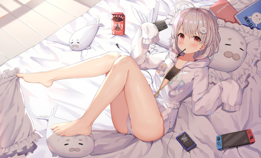 absurdres animal_hair_ornament ass bandeau barefoot bed chinese_commentary collarbone commentary drawstring feet female food grey_hair hair_ornament highres hokori_sakuni holding holding_phone hood hood_down hoodie legs_up long_sleeves looking_at_viewer lying mouth_hold nintendo_switch notebook official_art on_back on_bed panties phone pillow pocky project-sp red_eyes shirakami_haruka short_hair sleeves_past_fingers sleeves_past_wrists solo stuffed_seal stuffed_toy thighs underwear virtual_youtuber white_panties