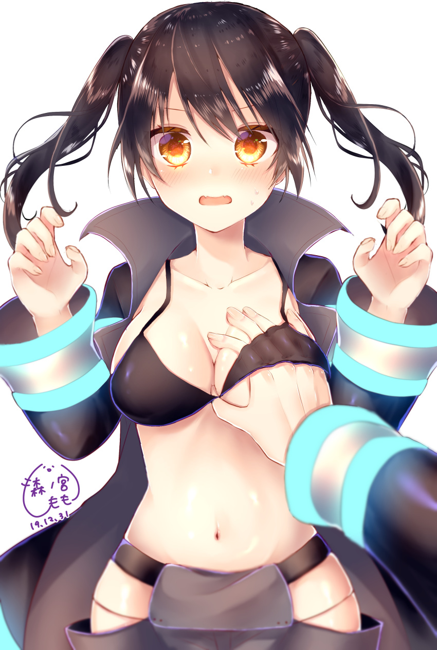 1boy absurdres baggy_pants black_bra black_coat black_hair blush bra breasts cleavage coat commentary_request embarrassed en'en_no_shouboutai fangs female firefighter grabbing grabbing_another's_breast grey_pants groin hair_between_eyes hands_up highres hip_vent long_hair medium_breasts navel open_clothes open_coat open_mouth pants simple_background skin_fangs solo_focus straight surprised tamaki_kotatsu twintails underwear white_background wide_sleeves xx_momomo_xx yellow_eyes