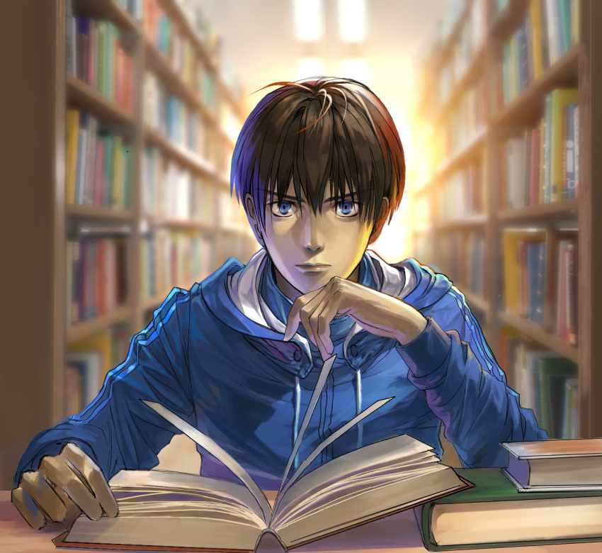 1boy bad_id bad_pixiv_id blue_eyes blue_jacket blurry blurry_background book bookshelf brown_hair closed_mouth hood hoodie indoors jacket kaze_ga_tsuyoku_fuiteiru kurahara_kakeru lips long_sleeves looking_at_viewer male_focus open_book sitting solo table upper_body white50080909