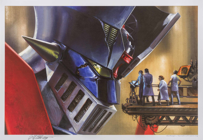 1970s_(style) 5boys artist_name broken_glass canopy_(aircraft) cockpit damaged doctor_yumi getter_robo glass great_mazinger hangar head highres koutetsu_jeeg mazinger_(series) mazinger_z mazinger_z_(mecha) mecha multiple_boys official_art photoshop_(medium) pilder professor_saotome realistic retro_artstyle robot scar science_fiction signature simple_background super_robot ufo_robo_grendizer