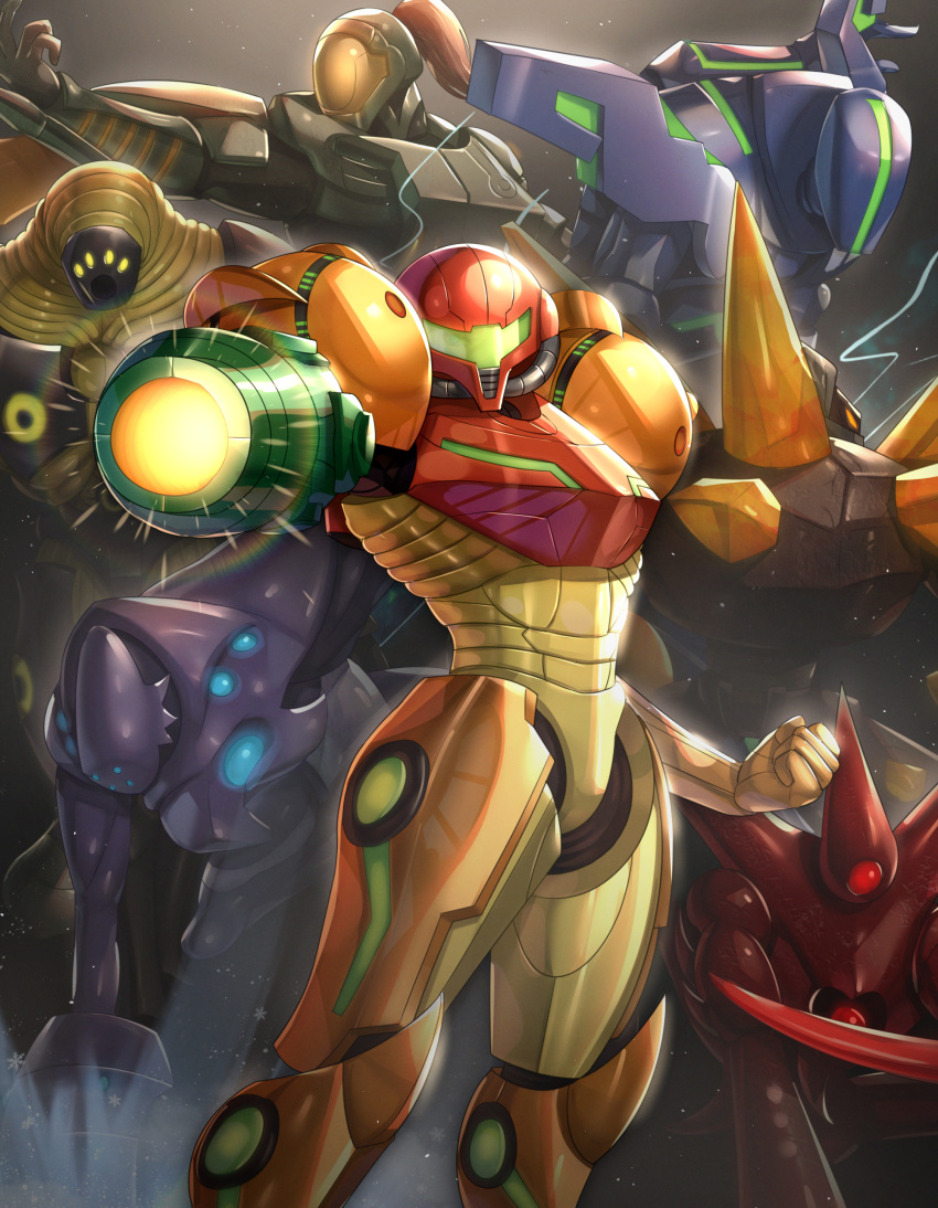 6+others absurdres alien arm_cannon armor assault_visor clenched_hand commentary_request female gonzarez green_visor helmet highres kanden_(metroid) looking_at_viewer metroid metroid_prime_hunters multiple_others noxus_(metroid) orange_visor ponytail power_armor samus_aran science_fiction spire_(metroid) sylux_(metroid) trace_(metroid) varia_suit weapon weavel