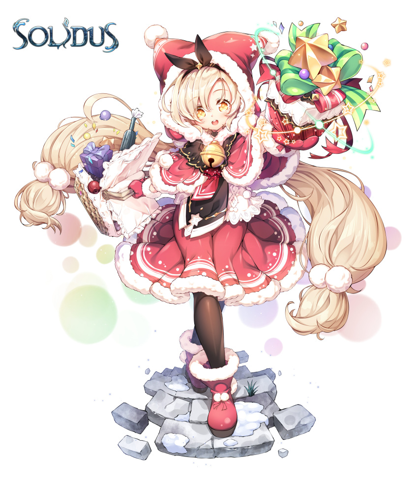 :d absurdres arm_up basket bell black_pantyhose blonde_hair boots capelet character_request christmas commentary copyright_name crossed_legs female full_body fur-trimmed_boots fur-trimmed_capelet fur-trimmed_hood fur-trimmed_mittens fur-trimmed_skirt fur_trim hair_between_eyes highres holding holding_basket hood hood_up hooded_capelet jingle_bell long_hair low_twintails mittens pantyhose pleated_skirt poseich red_capelet red_footwear red_mittens red_skirt santa_costume shirt skirt smile solidus solo standing star_(symbol) teeth twintails upper_teeth_only very_long_hair white_background white_shirt yellow_eyes