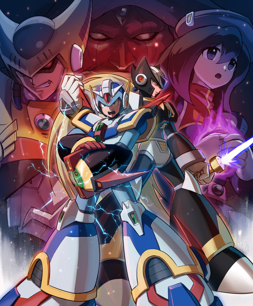 5boys absurdres android arm_cannon armor black_helmet black_zero_(mega_man) blonde_hair blue_eyes blue_helmet brown_hair closed_mouth commentary_request double_(mega_man) electricity energy_sword evil_grin evil_smile facial_hair female fire forehead_jewel fourth_armor_x_(mega_man) general_(mega_man) gloves green_eyes grin hair_between_eyes hand_on_own_arm hand_up hat helmet highres holding holding_sword holding_weapon hoshi_mikan iris_(mega_man) long_hair looking_at_viewer mega_man_(series) mega_man_x4 mega_man_x_(series) moustache multiple_boys open_mouth own_hands_clasped own_hands_together ponytail purple_fire red_eyes red_gloves red_hat robot_ears scar scar_across_eye scar_on_face serious shoulder_armor sigma_(mega_man) smile standing sword teeth upper_teeth_only very_long_hair weapon white_gloves x_(mega_man) z_saber zero_(mega_man)