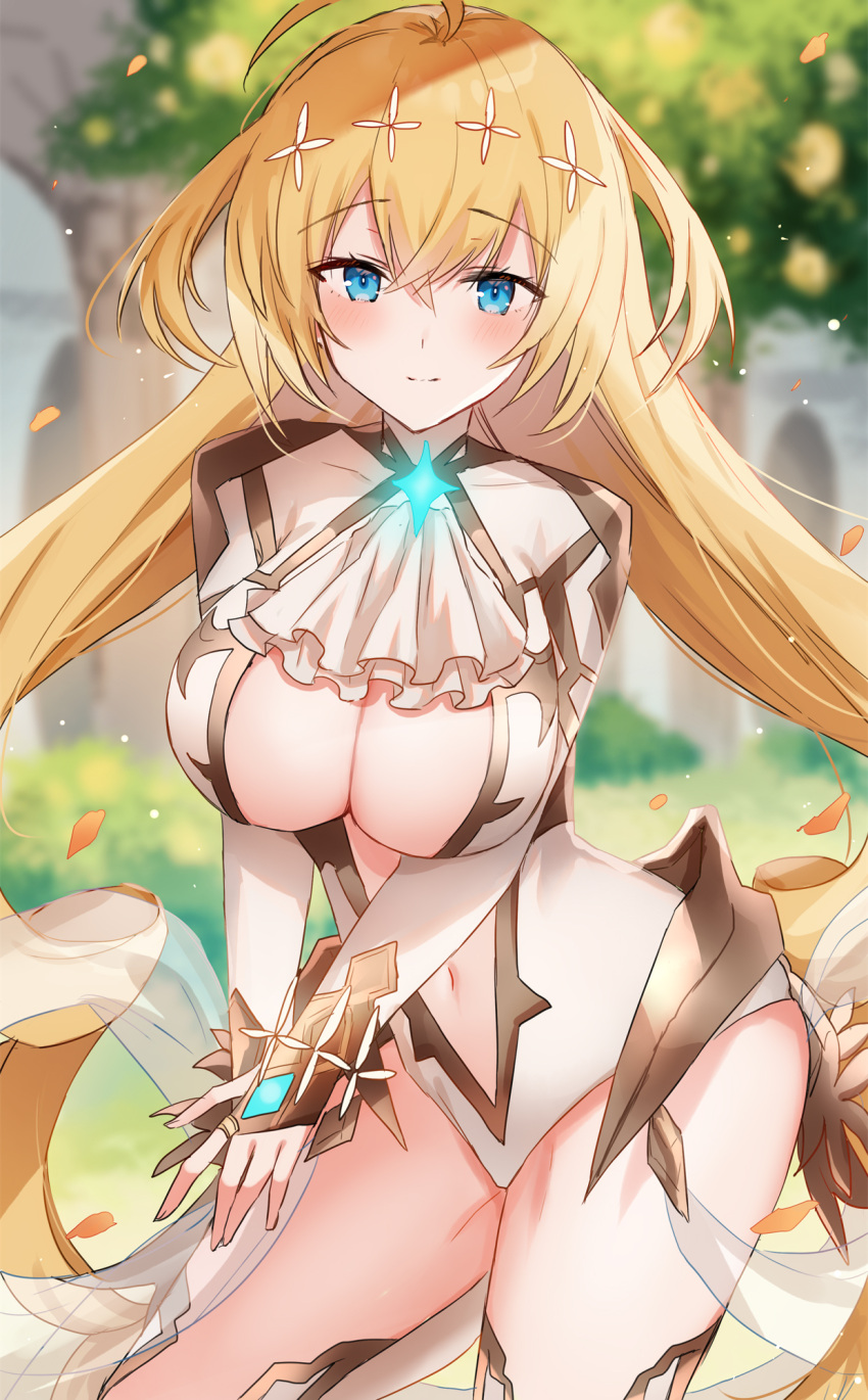 ahoge ascot blonde_hair blue_eyes blush breasts cleavage clothing_cutout commission female highleg highleg_leotard highres kinona large_breasts leotard long_hair long_sleeves looking_at_viewer navel navel_cutout phantom_of_the_kill skeb_commission smile solo thighs tiphereth_(phantom_of_the_kill) white_leotard