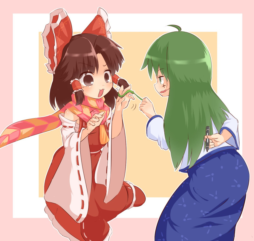 18_hankachi 2girls :3 arm_behind_back benikurage_(cookie) blue_skirt bow brown_eyes brown_hair cat_teaser commentary_request cookie_(touhou) cowboy_shot cross detached_sleeves facepaint frilled_bow frilled_hair_tubes frills green_eyes green_hair hair_tubes hairbow hakurei_reimu highres holding holding_marker kochiya_sanae long_hair looking_at_another marker medium_hair multiple_girls open_mouth orange_scarf parted_bangs paseri_(cookie) red_bow red_scarf red_shirt red_skirt ribbon-trimmed_sleeves ribbon_trim scarf shirt simple_background skirt sleeveless sleeveless_shirt smile striped_clothes striped_scarf touhou white_shirt white_sleeves