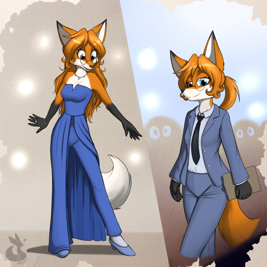 1:1 5_fingers amber_(mancoin) anthro black_body black_fur black_nose breasts canid canine clothed clothing cosplay crossover digital_media_(artwork) dreamworks dress eyewear female fingers fox foxyverse fur glasses hair heterochromia hi_res jewelry long_hair looking_at_viewer mammal mancoin open_mouth orange_body orange_fur red_fox signature simple_background smile solo suit the_bad_guys topwear true_fox white_body white_fur