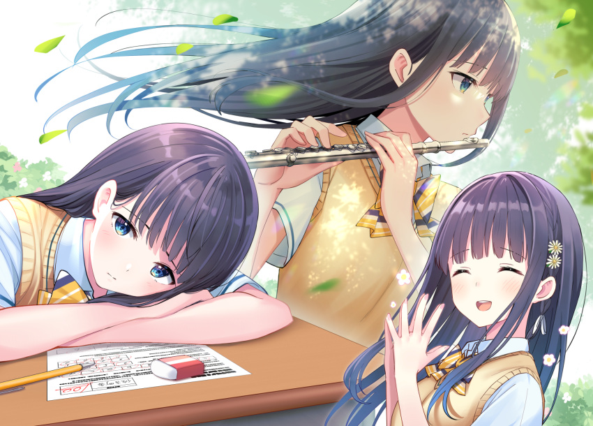 :d ^_^ black_hair blue_eyes blush bow closed_eyes closed_mouth collared_shirt commentary_request crossed_arms desk diagonal-striped_bow diagonal_stripes eraser female floating_hair flute hands_up highres holding holding_instrument instrument kanpeki_na_sako-san_wa_mob_mitai_ni_naritai long_hair mechanical_pencil multiple_views nail_polish official_art pencil pink_nails sako_machika school_desk school_uniform shirt smile steepled_fingers striped sweater_vest u_rin very_long_hair white_shirt