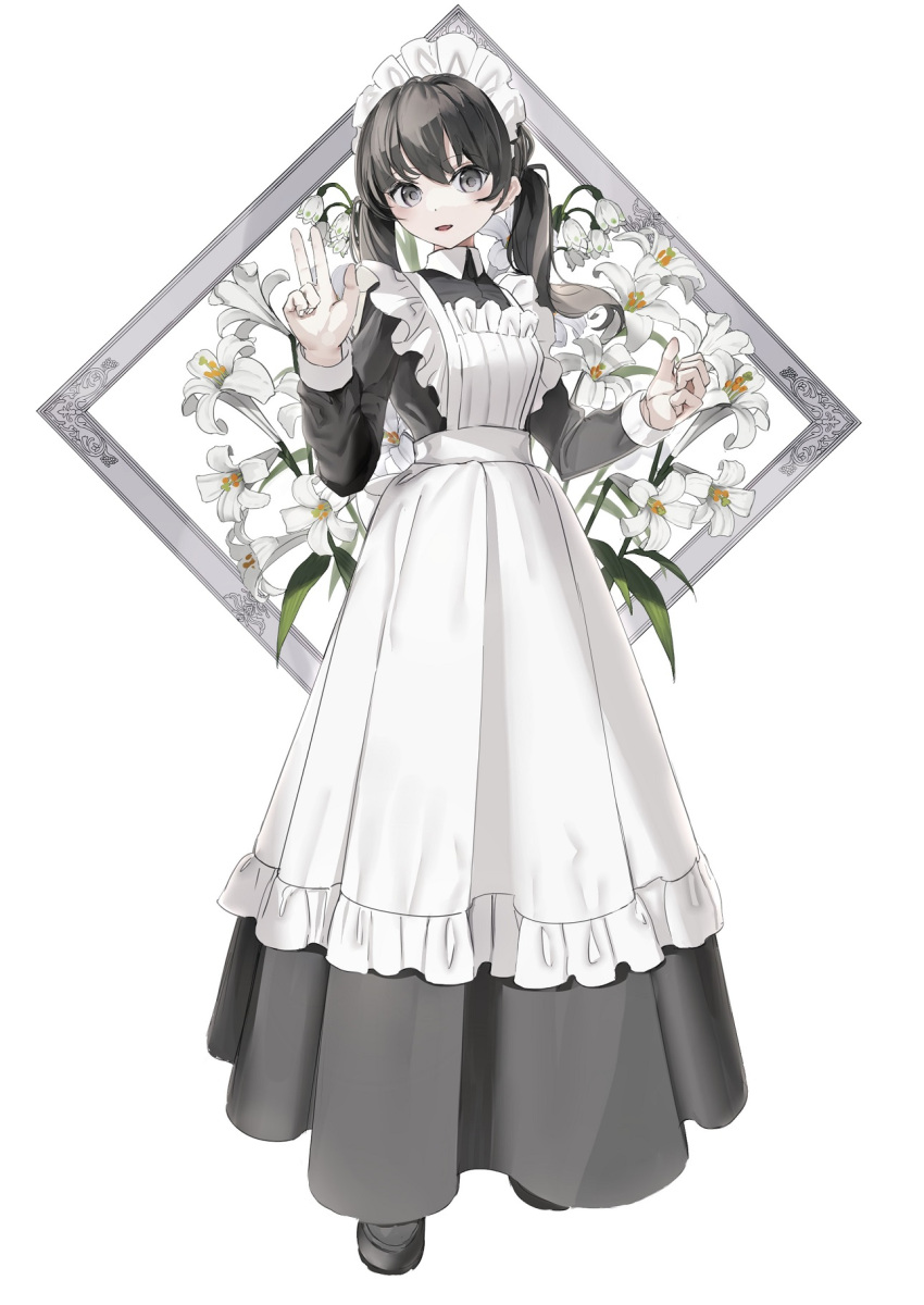 apron black_dress black_eyes black_footwear black_hair black_ribbon blush breasts collared_dress commentary dress female flower frilled_apron frills full_body grey_eyes hair_between_eyes hair_ribbon hands_up highres juliet_sleeves lily_(flower) long_dress long_hair long_sleeves looking_at_viewer maid maid_apron maid_headdress original outside_border parted_lips picture_frame pleated_dress puffy_sleeves ribbon shii_(kairi-t-k0317) shoes simple_background small_breasts smile snowbell_(flower) solo twintails victorian_maid w white_apron white_background white_flower white_lily wing_collar