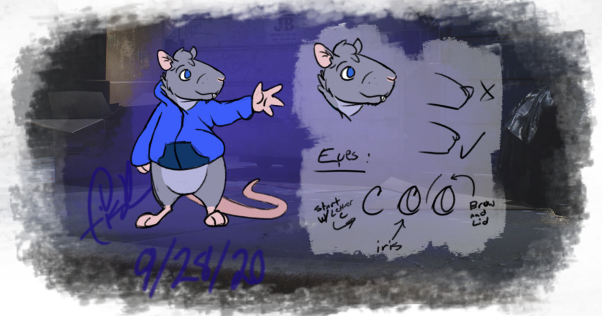 ambiguous_gender anthro bottomless clothed clothing english_text fisk24 fur grey_body grey_fur hi_res hoodie mammal model_sheet murid murine pink_tail rat rodent solo tail text topwear