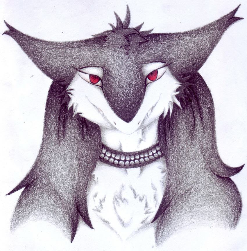 ambiguous_gender anthro big_ears black_body black_fur caleb_magness collar eyelashes fangs fluffy fur hair hi_res jewelry long_hair looking_at_viewer mammal messy_hair portrait red_eyes serenia serenia25 sergal smile smirk solo stare teeth tuft white_body white_fur