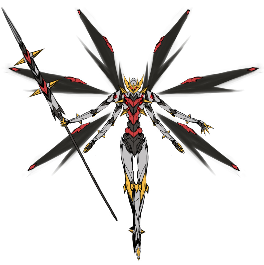 black_wings claws crossover english_commentary eva_13 evangelion:_3.0_you_can_(not)_redo evangelion_(mecha) extra_arms extra_eyes floating full_body fusion giratina glowing glowing_eyes highres holding holding_polearm holding_weapon lance mecha mechanical_wings multiple_wings neon_genesis_evangelion no_humans pinguinkotak pokemon pokemon_(creature) polearm rebuild_of_evangelion red_eyes robot science_fiction solo spread_wings weapon white_background wings