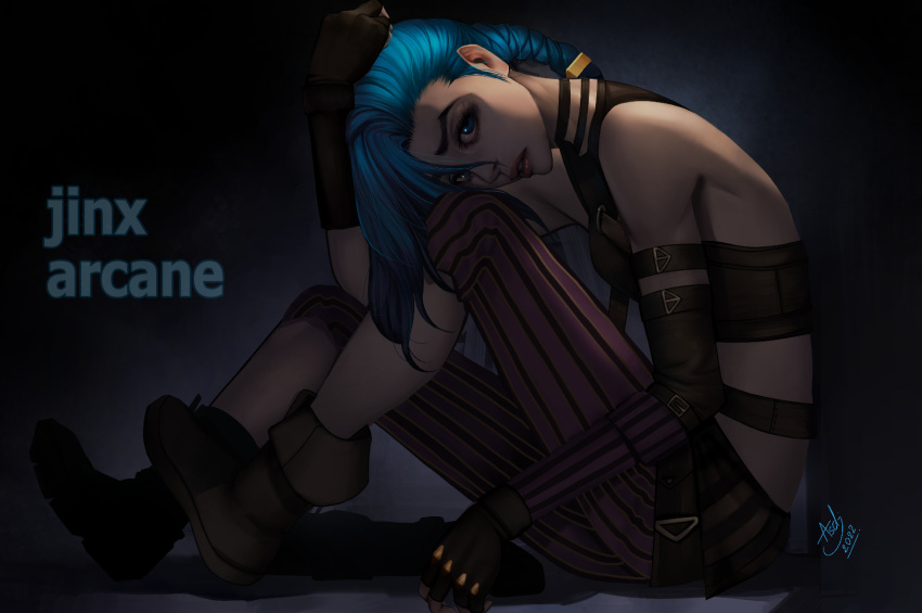 ankle_boots arcane:_league_of_legends arcane_jinx asdj bare_shoulders blue_hair boots braid breasts brown_footwear brown_gloves character_name clip_studio_paint_(medium) copyright_name female fingerless_gloves from_side gloves highres jinx_(league_of_legends) league_of_legends long_hair looking_at_viewer no_tattoo pants parted_lips pink_pants solo striped_clothes striped_pants teeth twin_braids