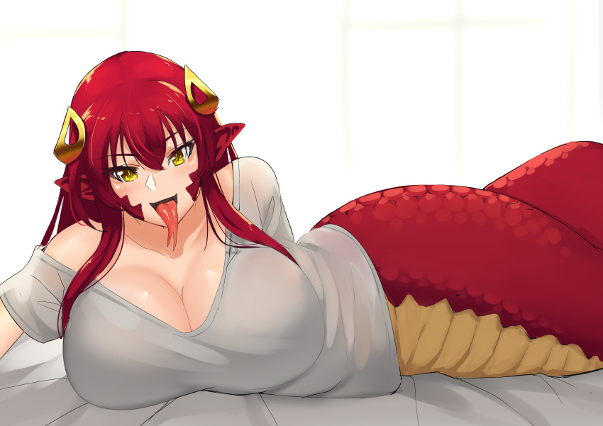 absurdres blush breasts cleavage collarbone commission commissioner_upload female forked_tongue grey_shirt hair_ornament highres huge_breasts lamia long_hair long_tongue looking_at_viewer lying miia_(monster_musume) monster_girl monster_musume_no_iru_nichijou on_bed on_side open_mouth pointy_ears red_hair revision scales shirt simple_background slit_pupils solo stormcow tongue tongue_out yellow_eyes