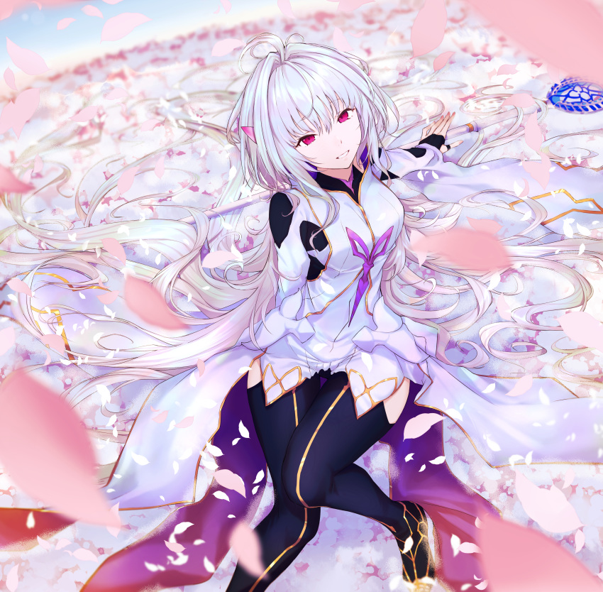 absurdres breasts fate/grand_order fate/grand_order_arcade fate/prototype fate_(series) female flower flower_bed gloves highres holding holding_staff kurogiri long_hair looking_at_viewer merlin_(fate/prototype) merlin_(fate/prototype)_(second_ascension) open_mouth petals red_eyes robe staff thighhighs thighs very_long_hair white_hair white_robe wide_sleeves