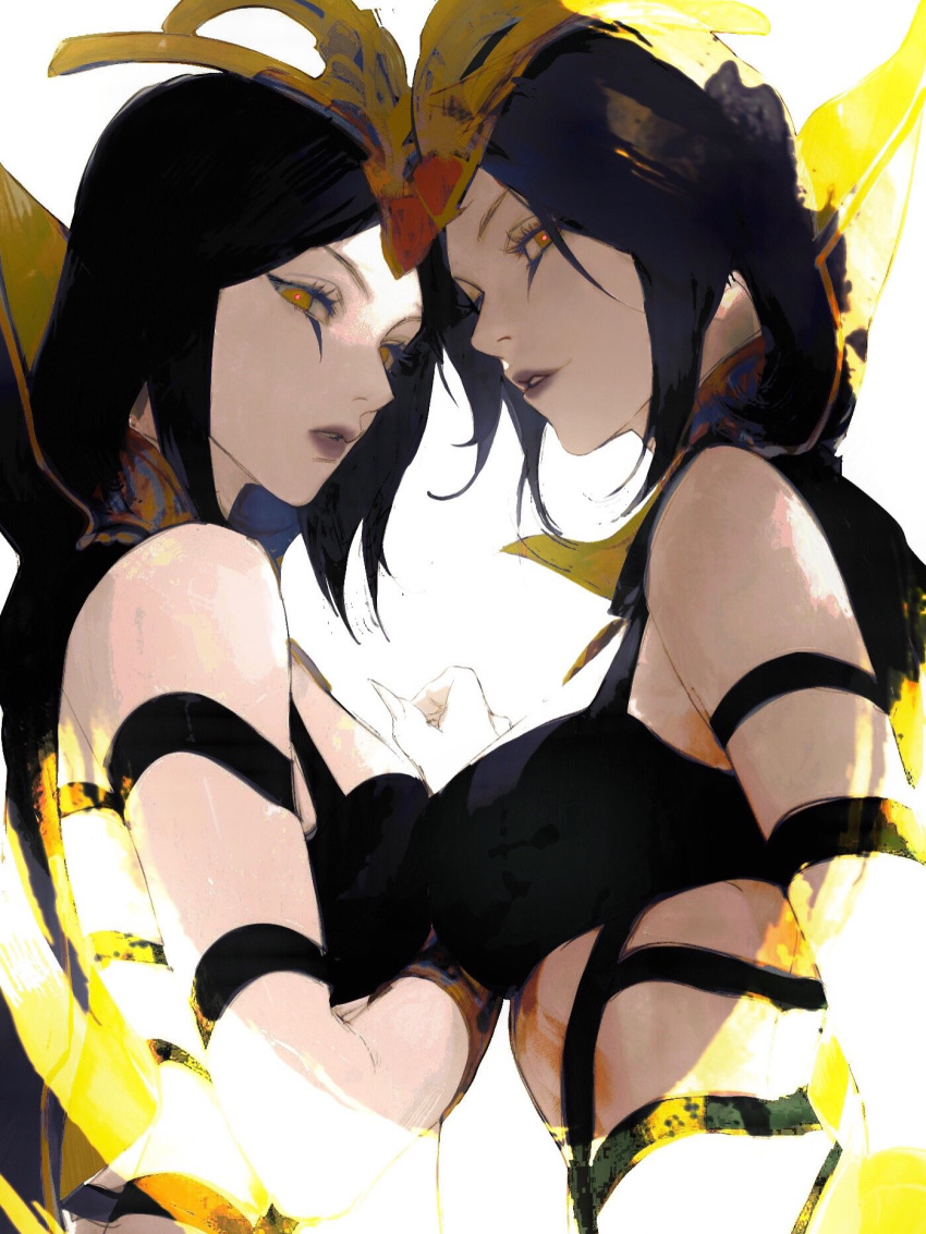 2girls bare_shoulders black_hair breasts eyeliner eyeshadow from_side hair_ornament hand_up highres jian_tai_(cuoyu0) large_breasts league_of_legends leblanc_(league_of_legends) light looking_at_viewer makeup multiple_girls orange_eyes parted_bangs parted_lips purple_lips red_pupils shoulder_strap sidelocks simple_background smile teeth upper_body white_background yellow_background