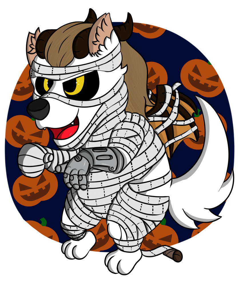 alpha_channel anthro canid canine canis chibi clothing costume dark_sclera dragon food fruit halloween halloween_costume hi_res holidays horn hybrid male mammal midnight_meowth mummy_costume mummy_wrappings mythological_creature mythological_scalie mythology plant protesis pumpkin scalie solo tail toilet_paper wings wolf