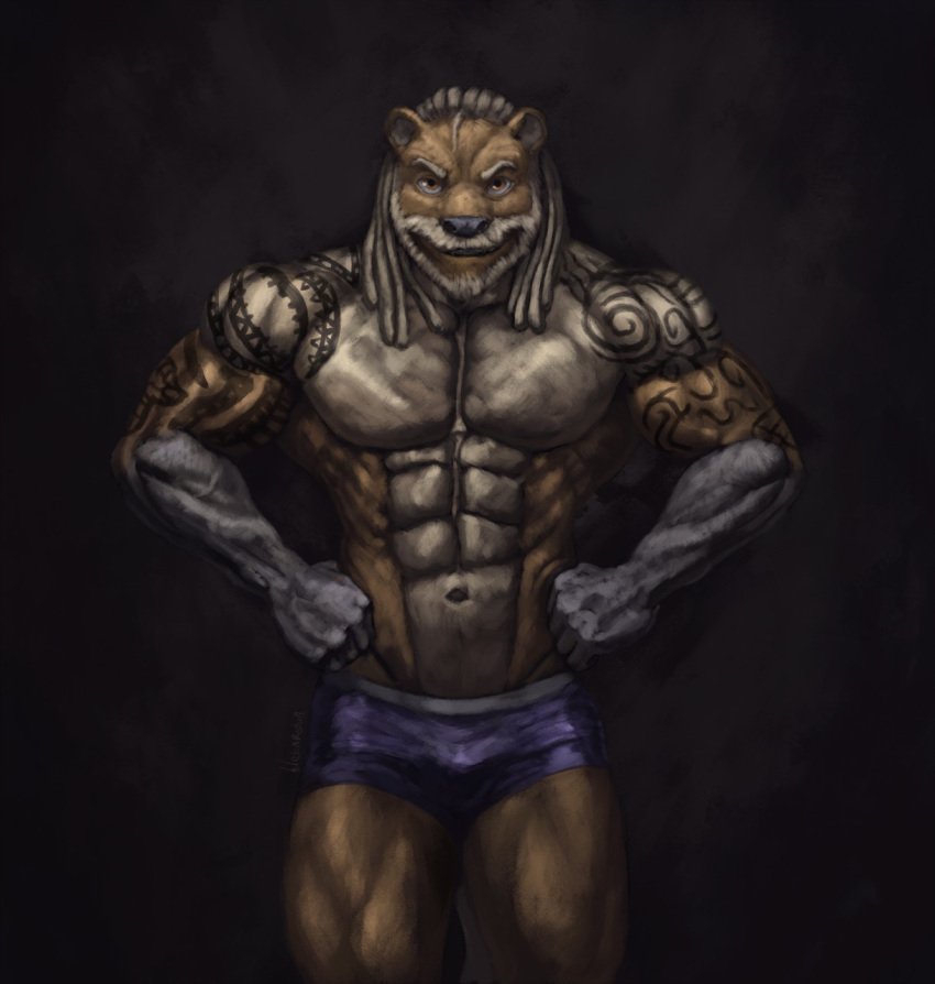 abs anthro athletic beard biceps big_muscles bulge digital_media_(artwork) dreadlocks facial_hair fur hair hi_res looking_at_viewer male mammal maverick_gunshow muscular muscular_anthro muscular_arms muscular_legs muscular_male mustelid navel otter pecs solo tattoo valentinapaz wrestler