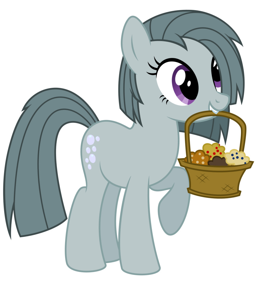 2016 alpha_channel basket container cutie_mark earth_pony equid equine female feral food friendship_is_magic fur grey_body grey_fur grey_hair hair hasbro hi_res horse mammal marble_pie_(mlp) muffin my_little_pony object_in_mouth on_model pony purple_eyes reitanna-seishin simple_background smile solo transparent_background